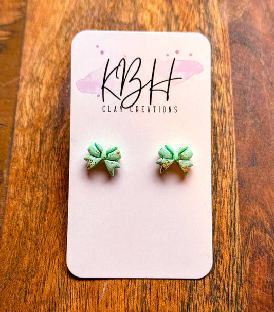 Blue Gold Mini Ribbon Stud Handmade Clay Earrings