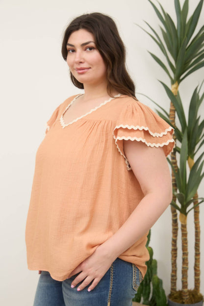 PLUS V NECK WAVY TRIM RUFFLE SLEEVE TOP