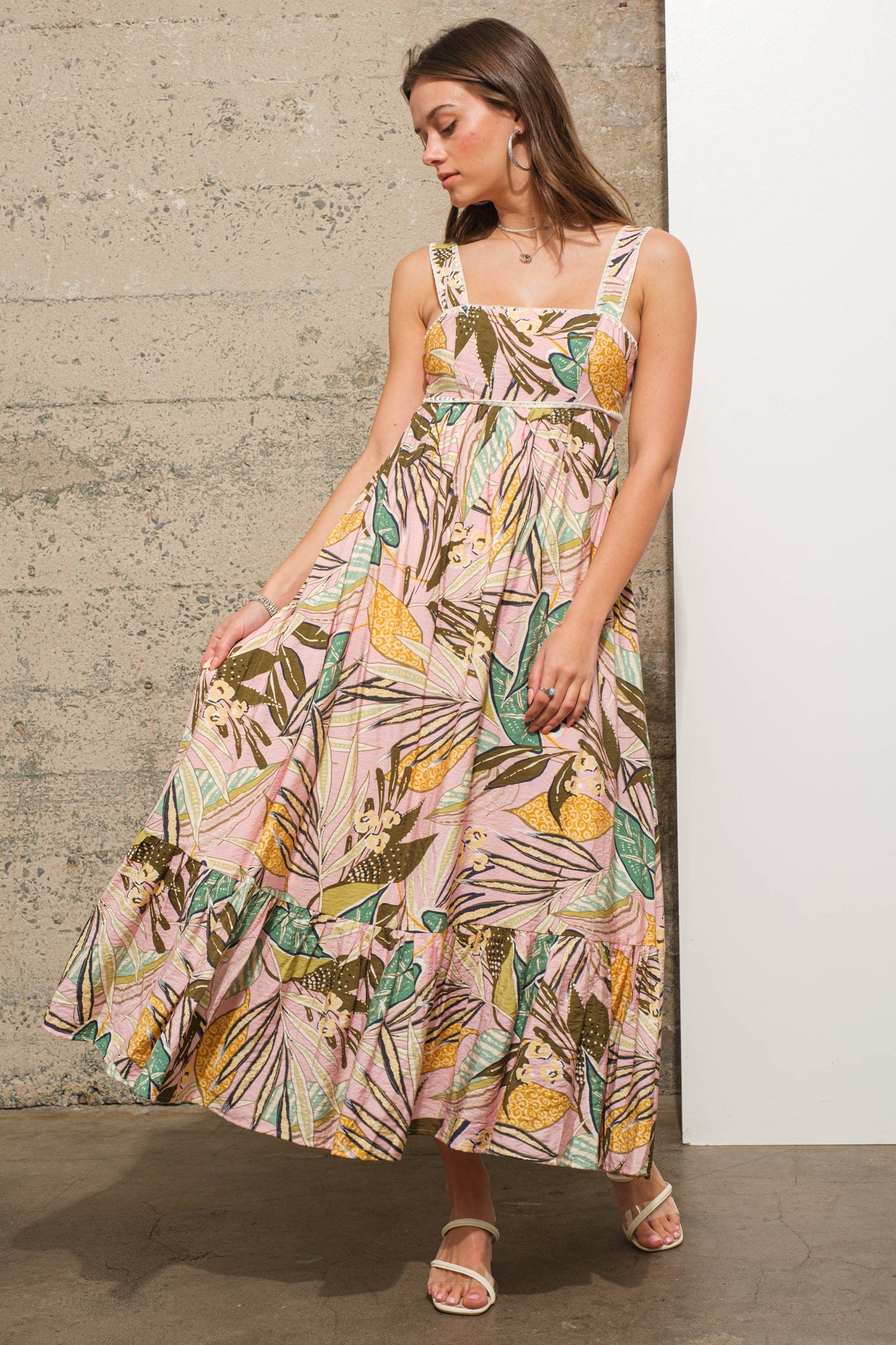 34963D - Embroidered Edge Tie Back Tropical Maxi Dress