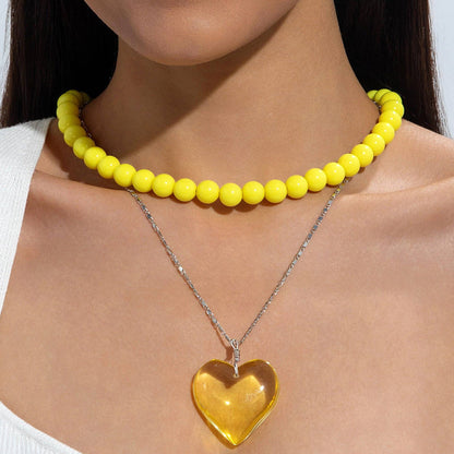 Personalized Chunky Bead Heart Pendant Necklace for Women