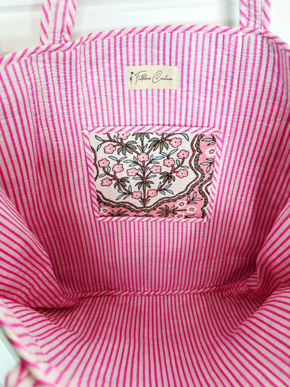 Quilted Tote Bag | Large Shoulder Bag | Pink Petals Print