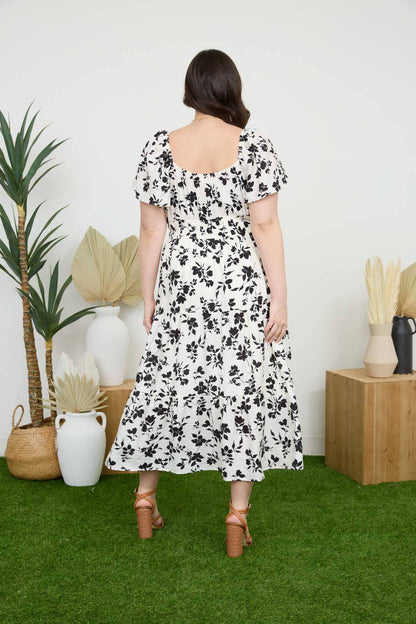 PLUS FLORAL SCOOP NECK FLOUNCE SLEEVE MIDI DRESS