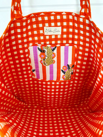 Striped Jaguar Large Quilted Tote Bag – Handmade, Reversible