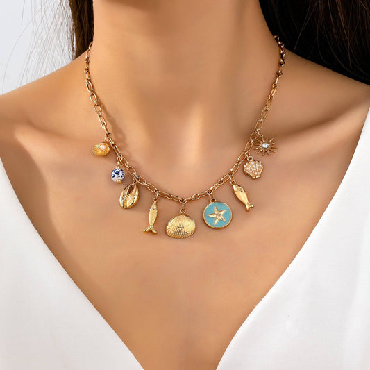 Charm Necklace-Coastal seashells fish cloisonne | 80N92963