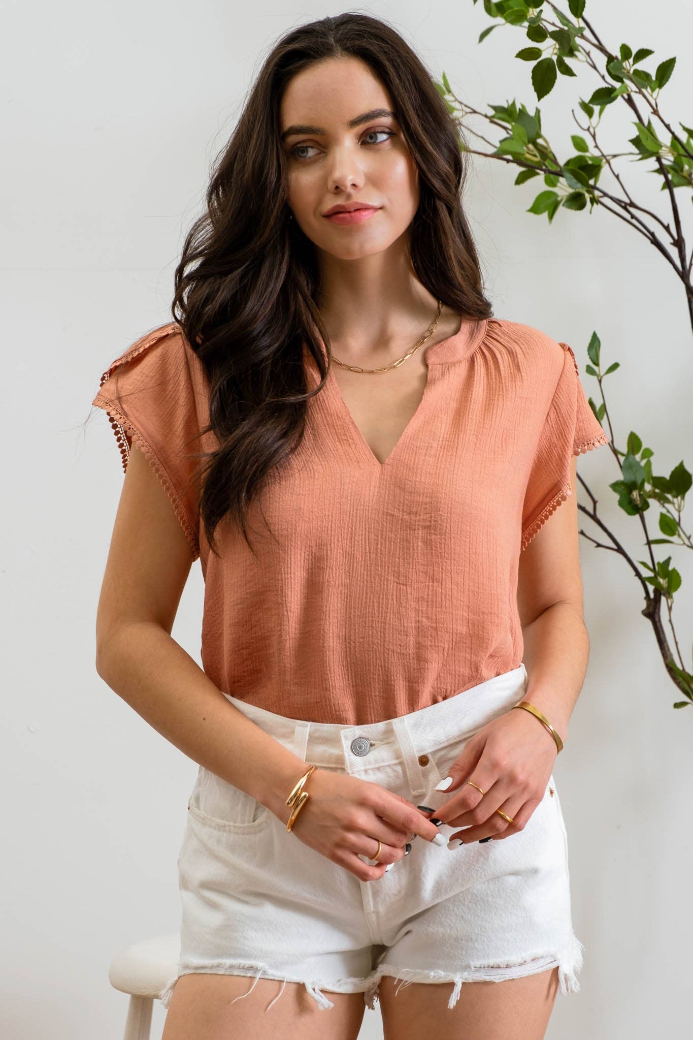 SPLIT NECK PETAL TASSEL SLEEVE BLOUSE