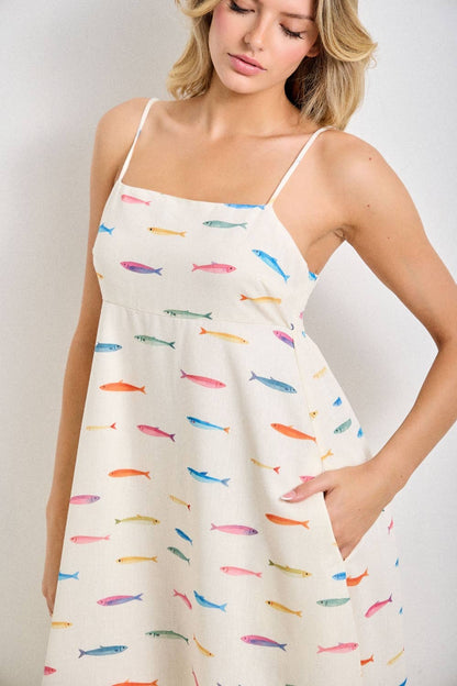 PLUS SIZE FISH PRINT SLEEVELESS MIDI DRESS