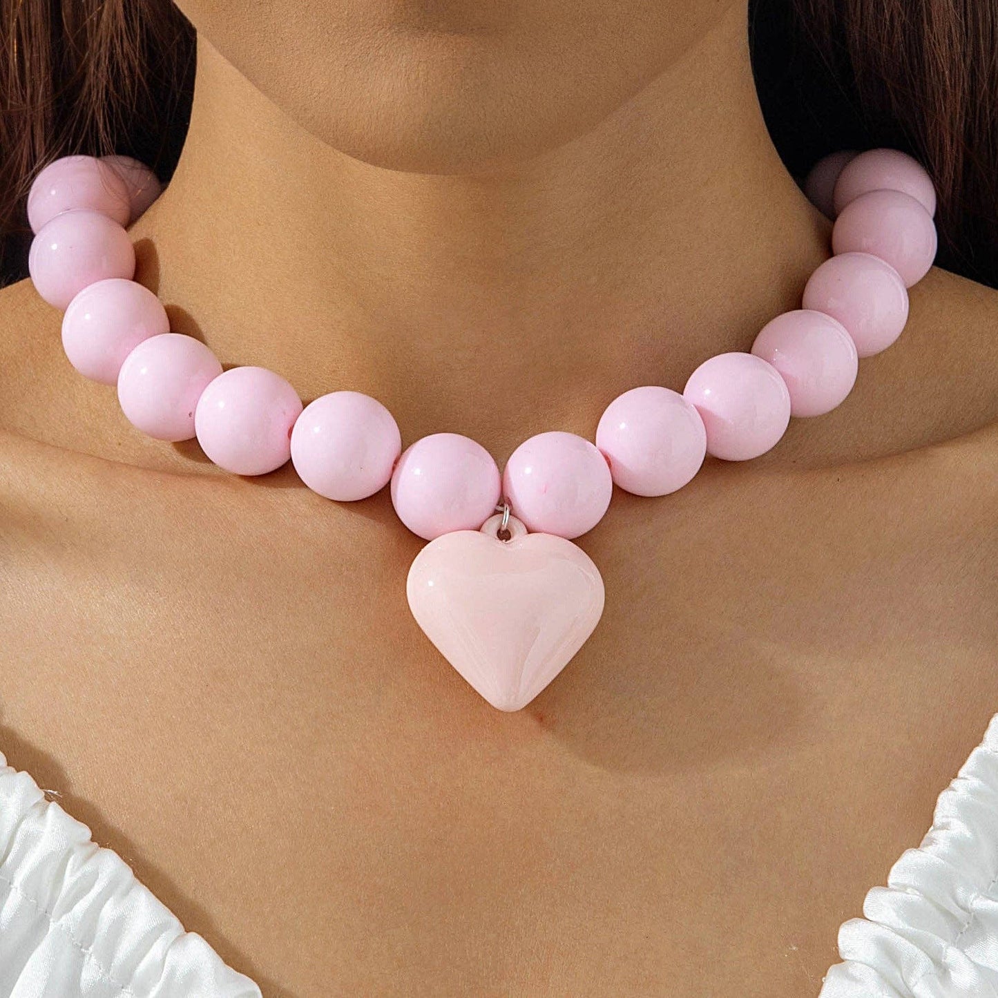 Personalized Chunky Bead Heart Pendant Necklace for Women