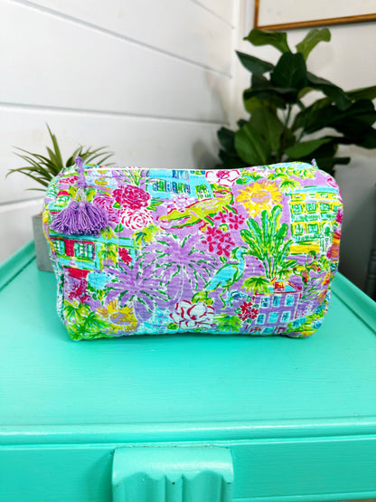 Quilted Cosmetics Makeup Bag - Orange Southern Town Print