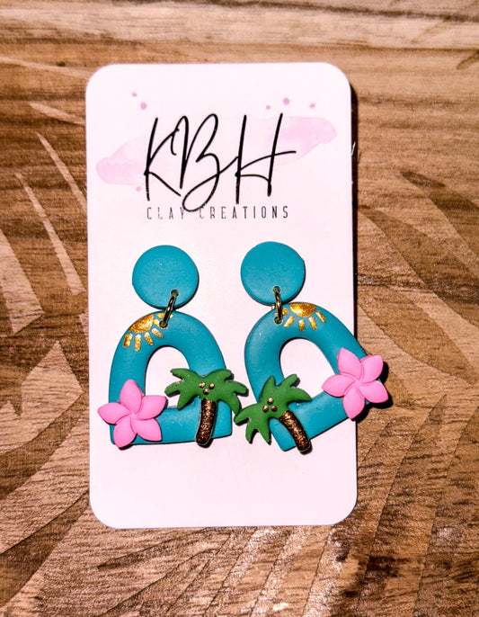 Blue Beach Theme Half Oval Dangle Handmade Clay Earrings
