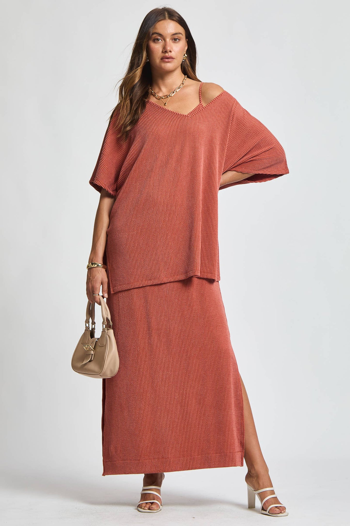 Flowy Poncho Style Top + Maxi Dress 2 Piece Set