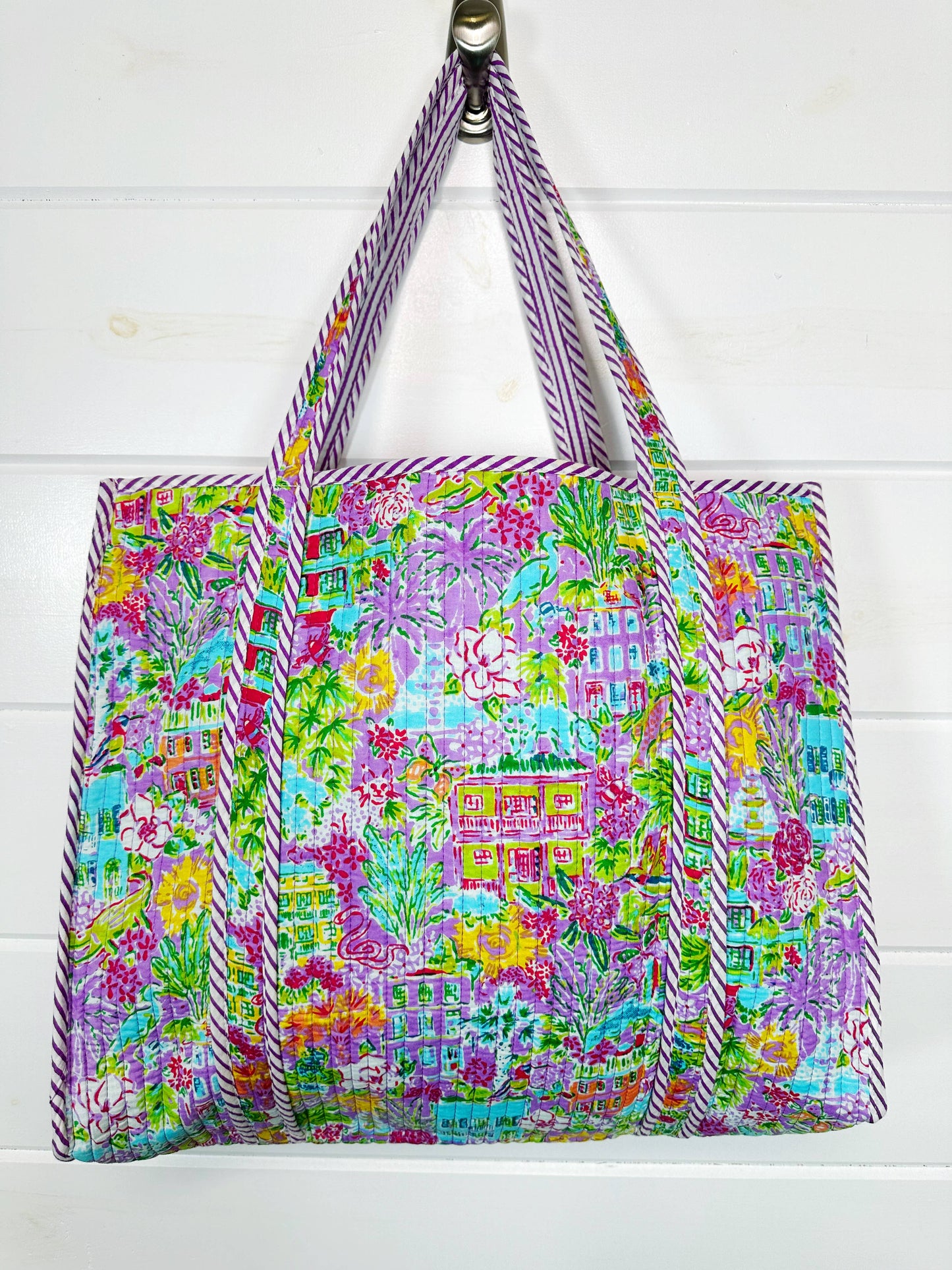 Quilted Tote Bag - Reversible Carryall - Southern Town Print