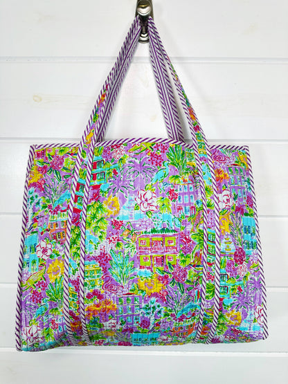 Quilted Tote Bag - Reversible Carryall - Southern Town Print