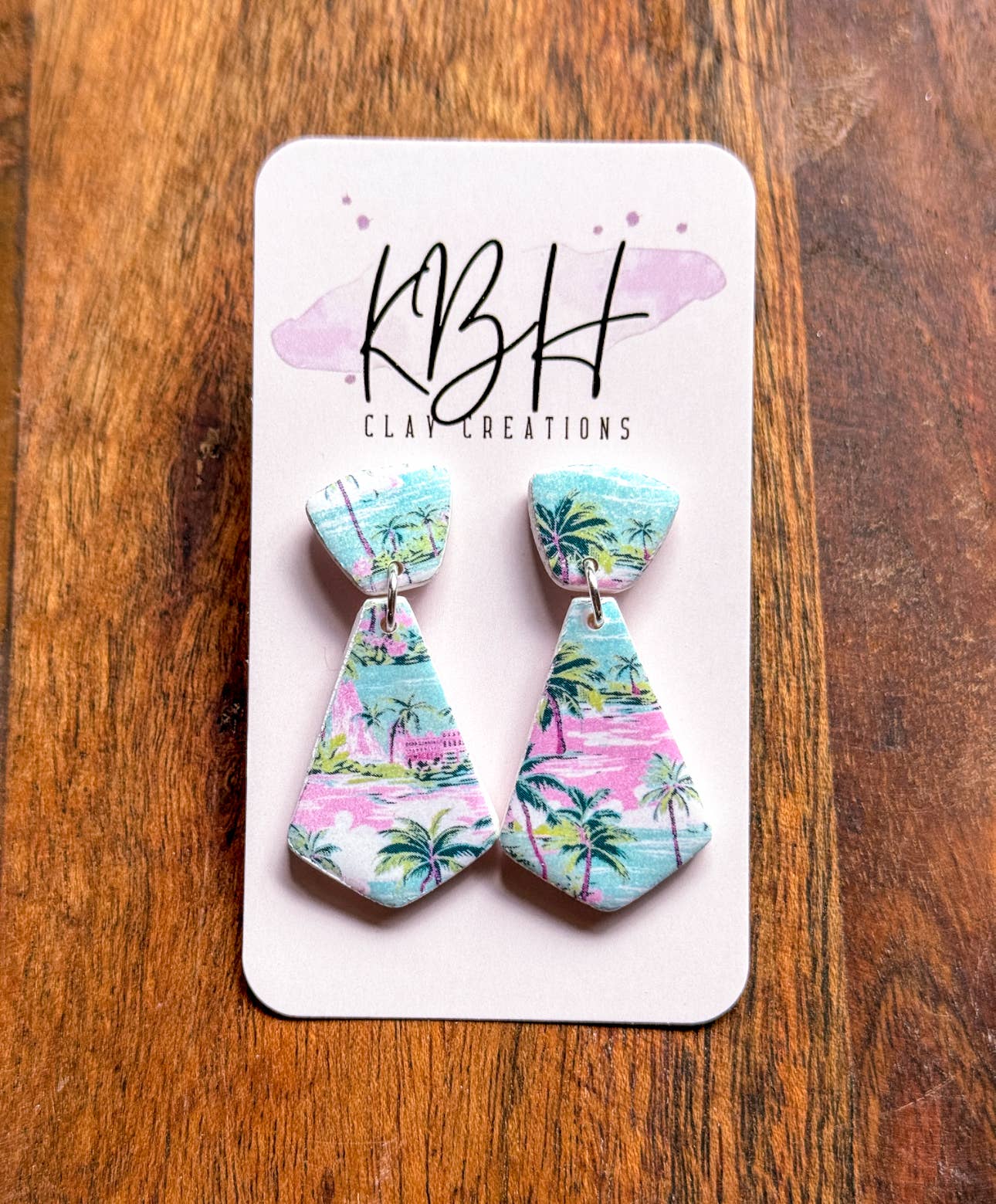 Preppy Blue Palm Dangle Handmade Clay Earrings