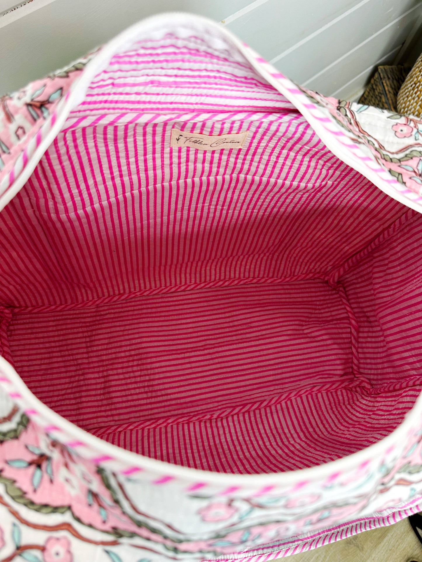 Handmade Quilted Duffle Bag – Pink Petals Print Weekender