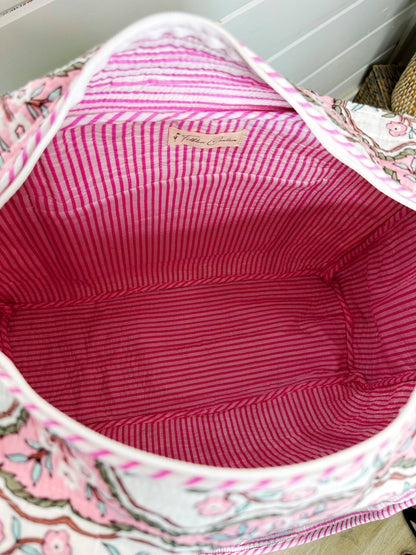 Handmade Quilted Duffle Bag – Pink Petals Print Weekender