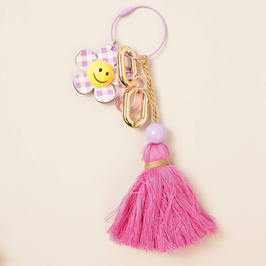 Happy Face Gingham Flower Tassel Keyring Bag Charm