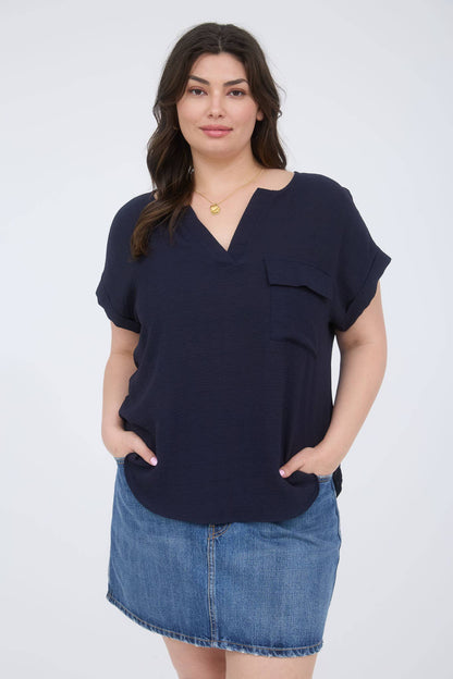 PLUS SPLIT NECK BACK BUTTON SHORT FOLD SLEEVE TOP