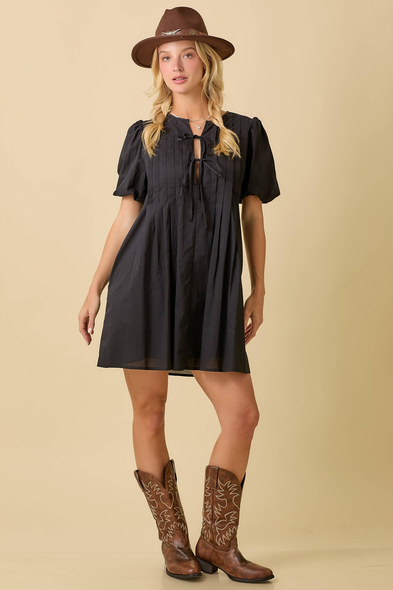 Pin Tuck Detail Bubble Sleeve Summer Mini Dress