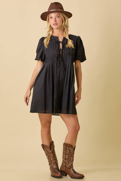 Pin Tuck Detail Bubble Sleeve Summer Mini Dress