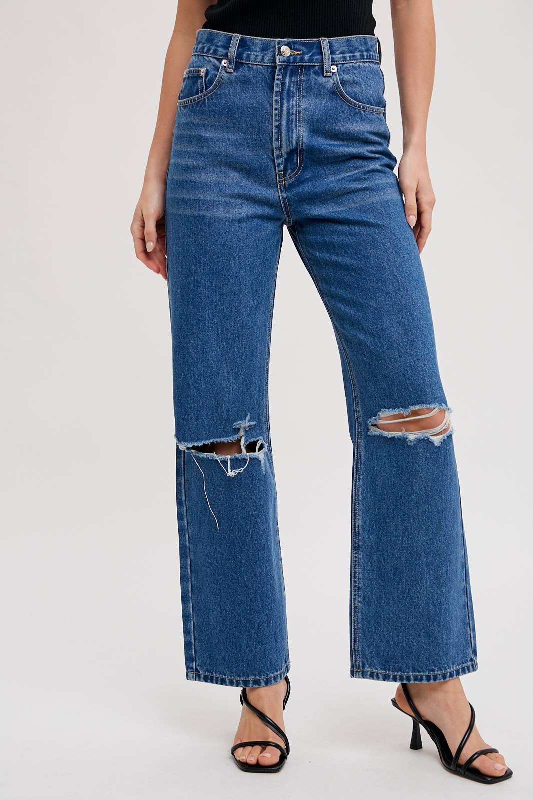 HIGH RISE DISTRESSED DENIM JEANS