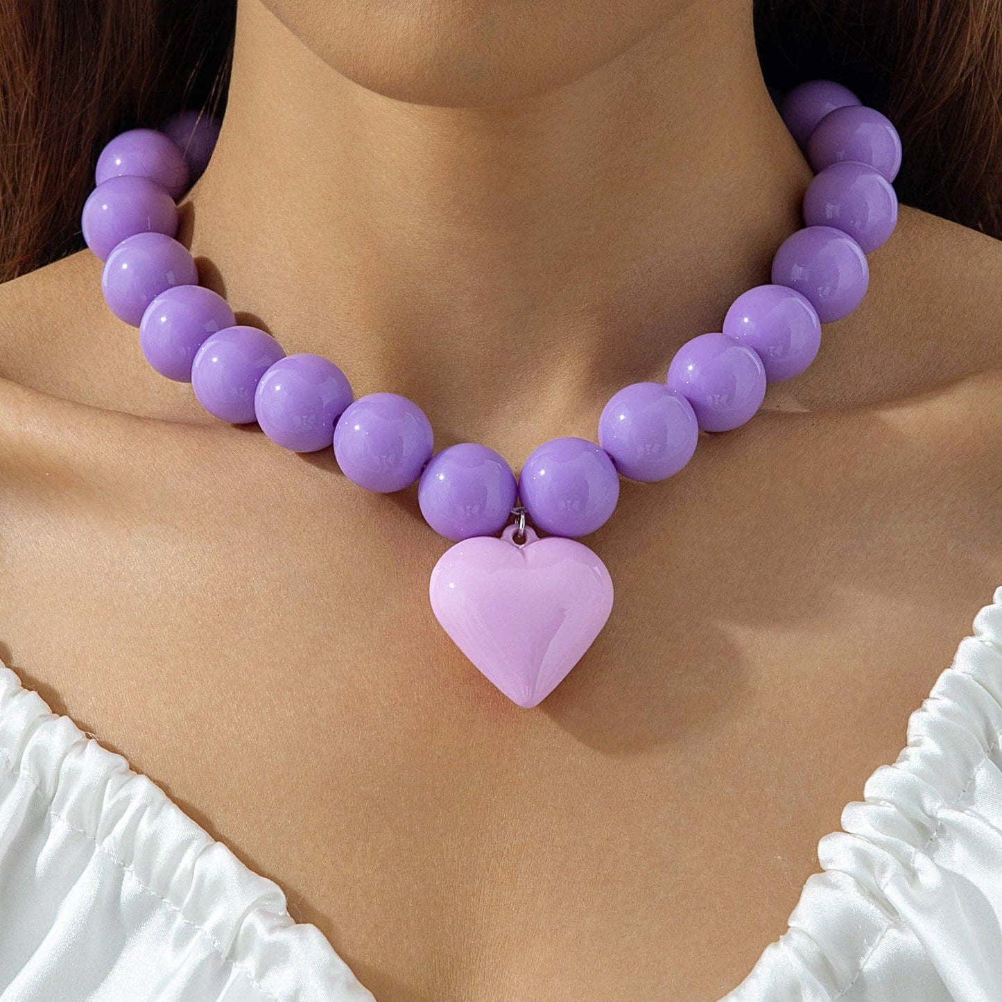 Personalized Chunky Bead Heart Pendant Necklace for Women