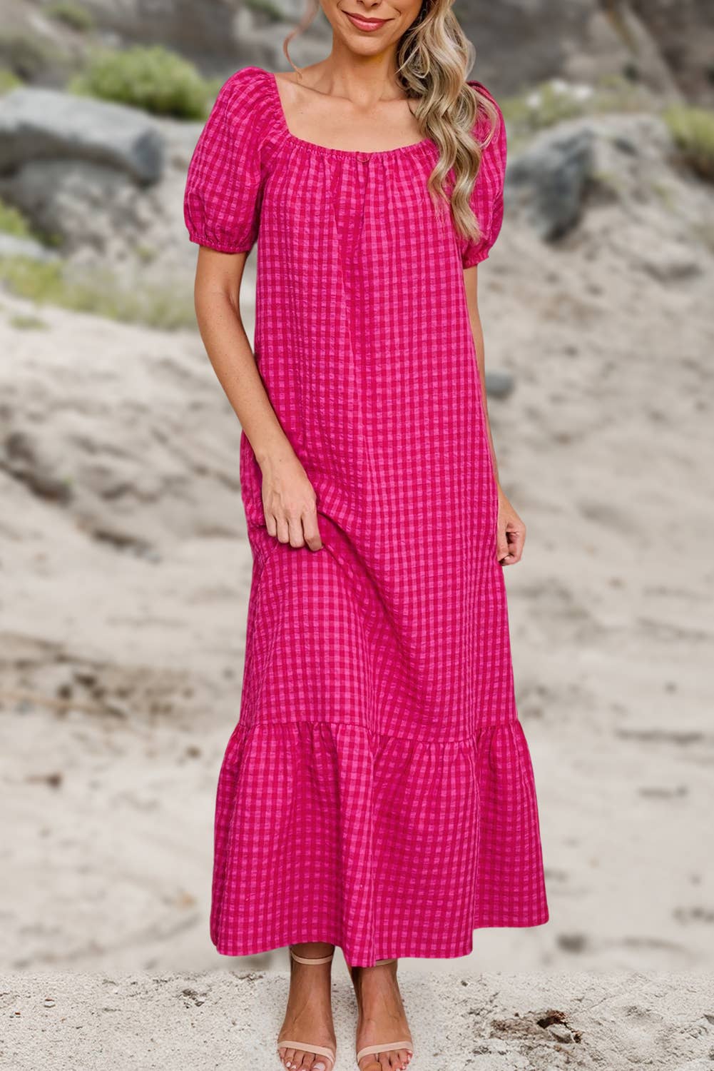 Ginham Check Bubble Sleeve Ruffled Maxi Dress | S-2XL