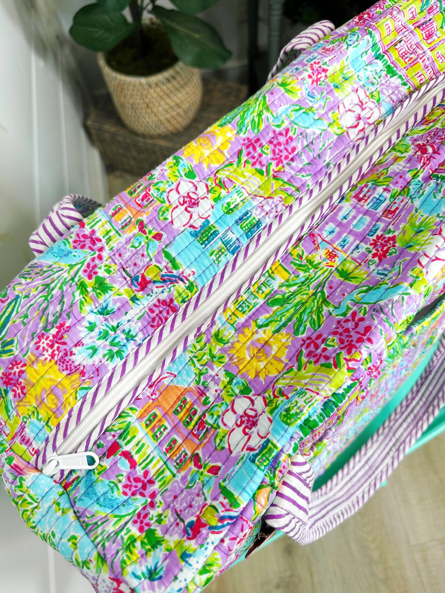Handmade Quilted Duffle Bag - Southern Town Print Weekender