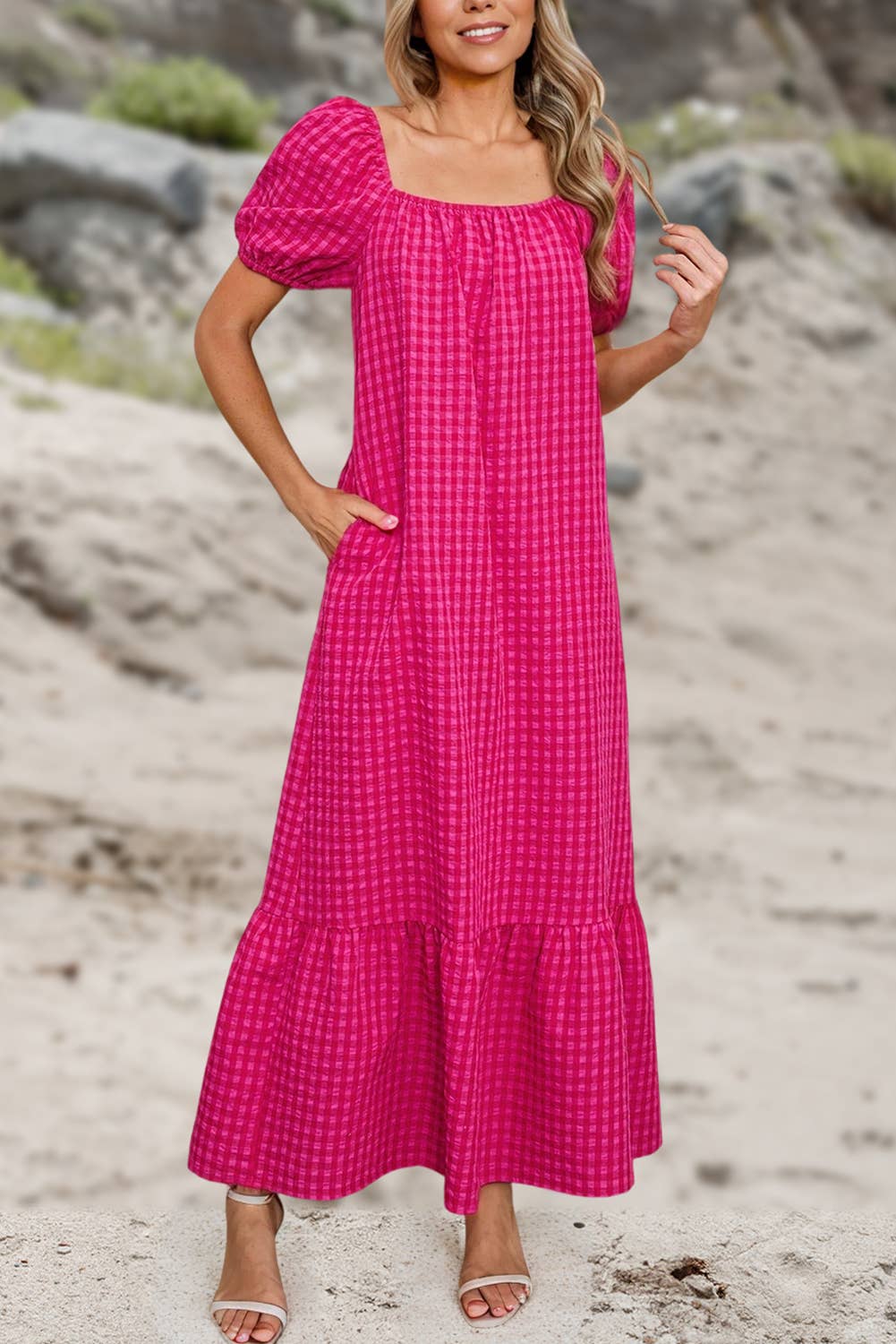 Ginham Check Bubble Sleeve Ruffled Maxi Dress | S-2XL