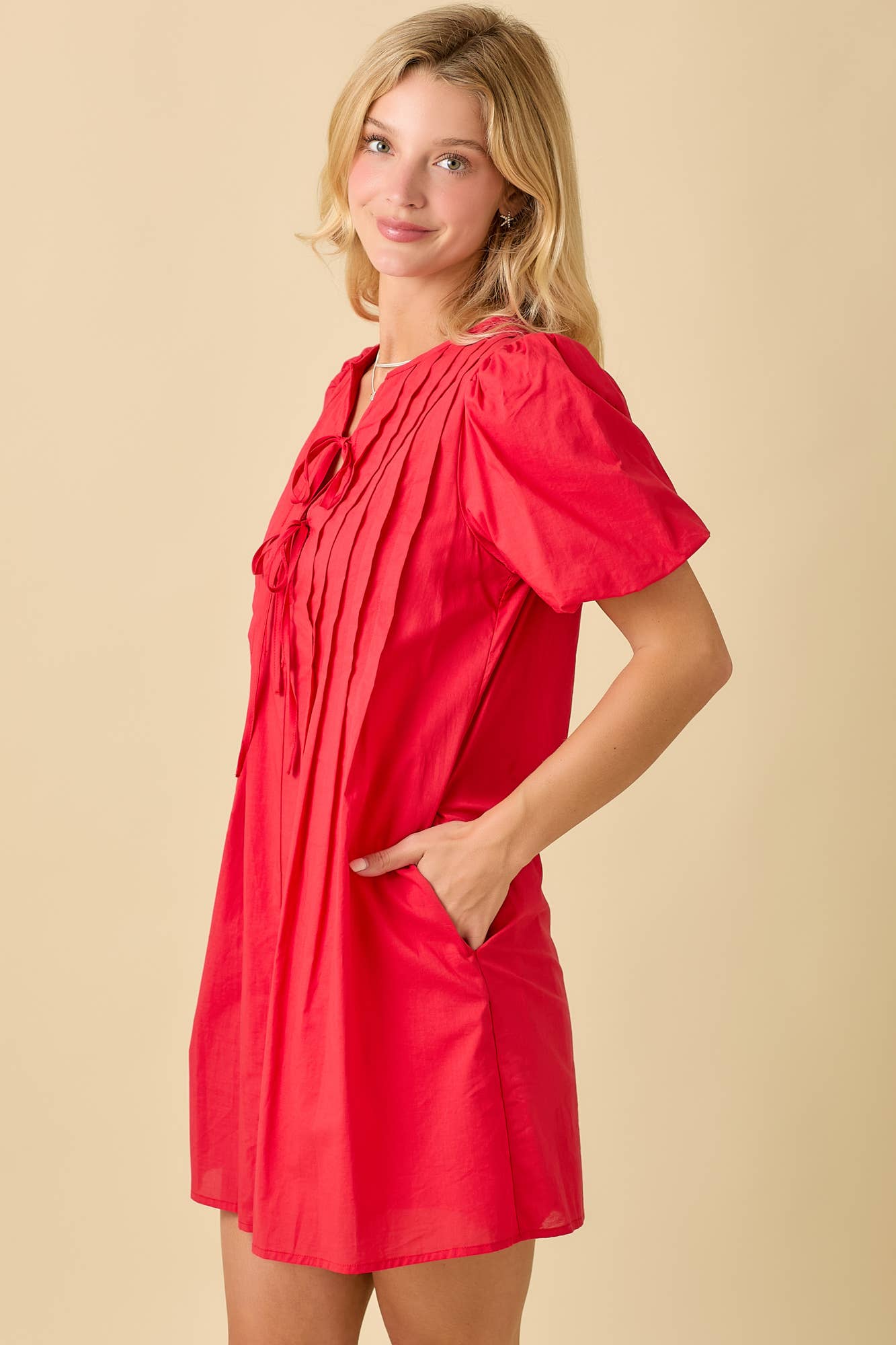 Pin Tuck Detail Bubble Sleeve Summer Mini Dress