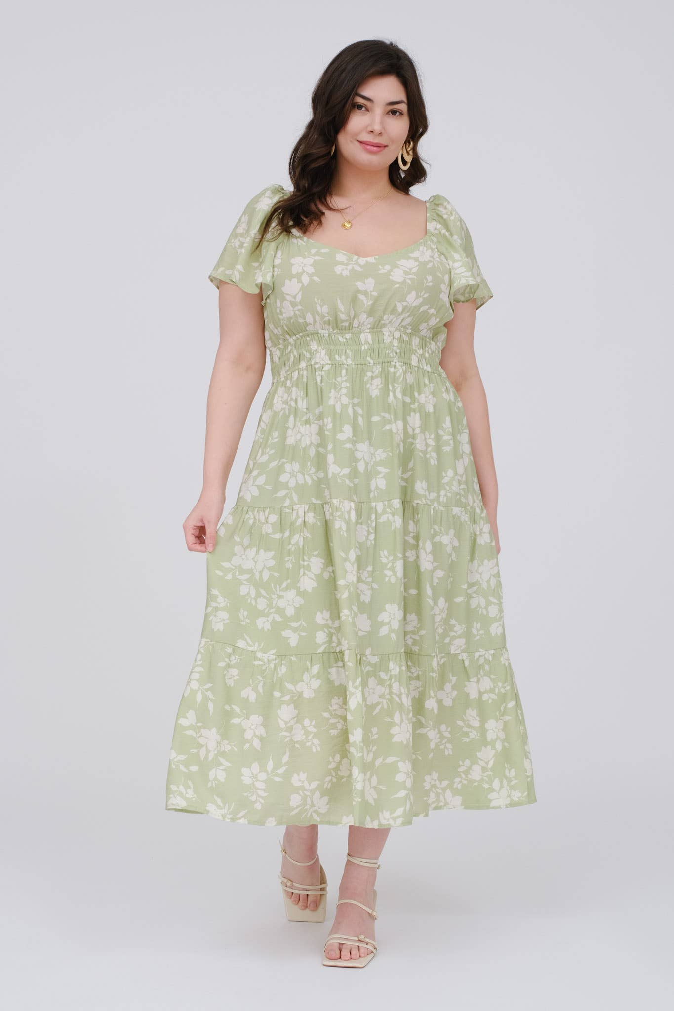 PLUS FLORAL SCOOP NECK FLOUNCE SLEEVE MIDI DRESS