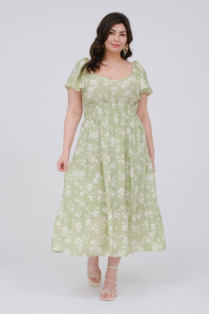 PLUS FLORAL SCOOP NECK FLOUNCE SLEEVE MIDI DRESS