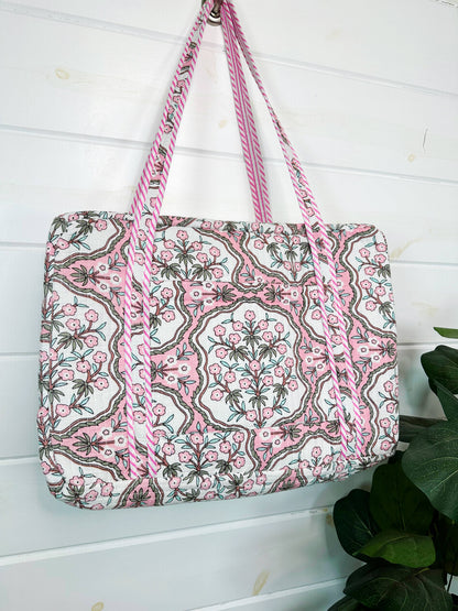 Handmade Quilted Duffle Bag – Pink Petals Print Weekender