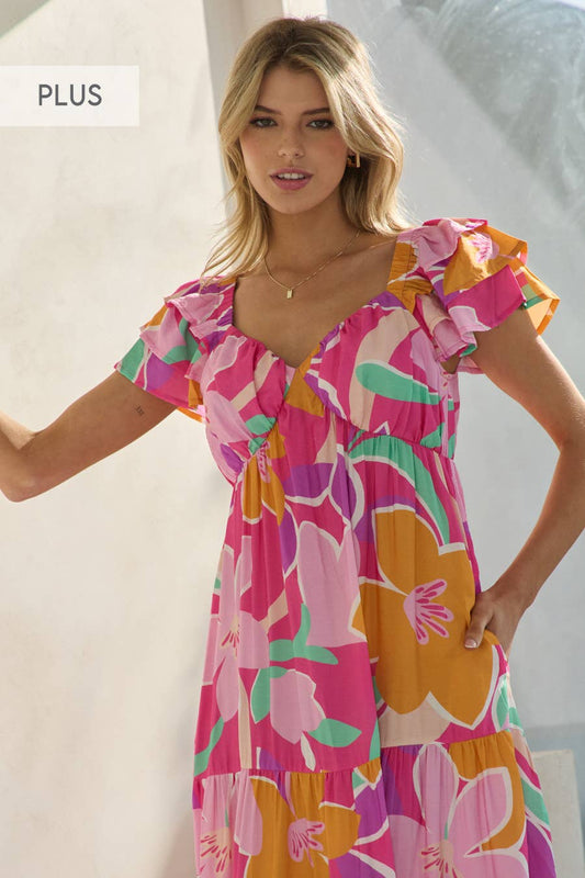 Plus Floral Printed Tired Maxi Dress