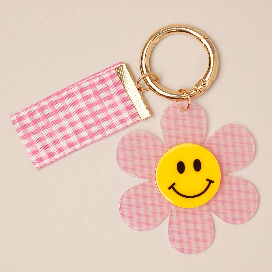 Happy Face Gingham Flower Bow Keychain Bag Charm
