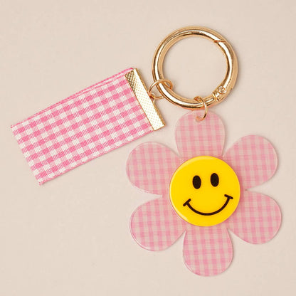 Happy Face Gingham Flower Bow Keychain Bag Charm