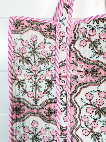 Quilted Tote Bag | Large Shoulder Bag | Pink Petals Print
