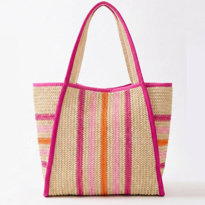 Oversized Striped Straw Braided Tote Bag