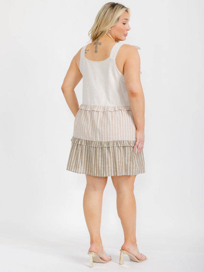 PCR1535- Plus size striped colorblock ruffled trim dress
