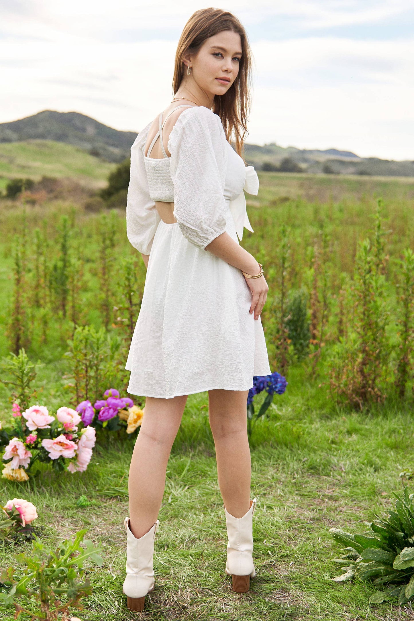 SELF-TIE PUFF SLEEVE SMOCKING OPEN BACK MINI DRESS