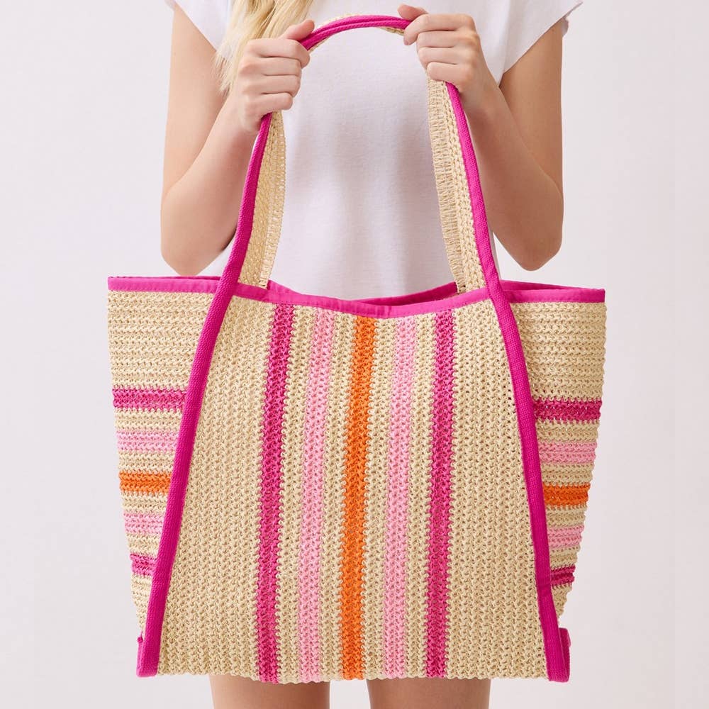 Oversized Striped Straw Braided Tote Bag