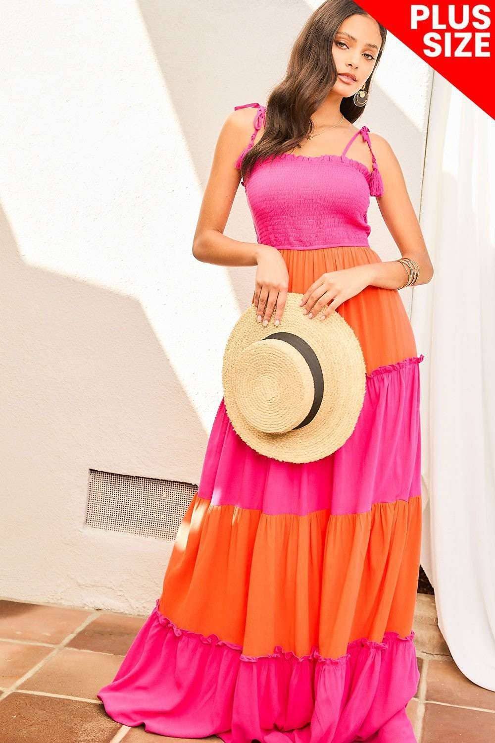 PLUS SIZE Color Block Tier Ruffle Solid Maxi Dress
