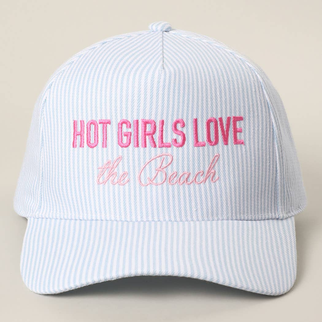 HOT GIRLS LOVE THE BEACH Embroidered Seersucker Trucker Hat