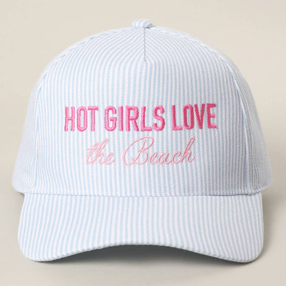HOT GIRLS LOVE THE BEACH Embroidered Seersucker Trucker Hat