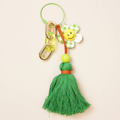 Happy Face Gingham Flower Tassel Keyring Bag Charm