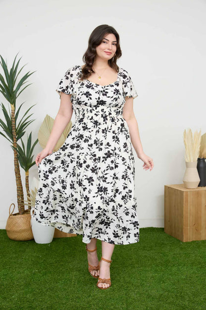 PLUS FLORAL SCOOP NECK FLOUNCE SLEEVE MIDI DRESS