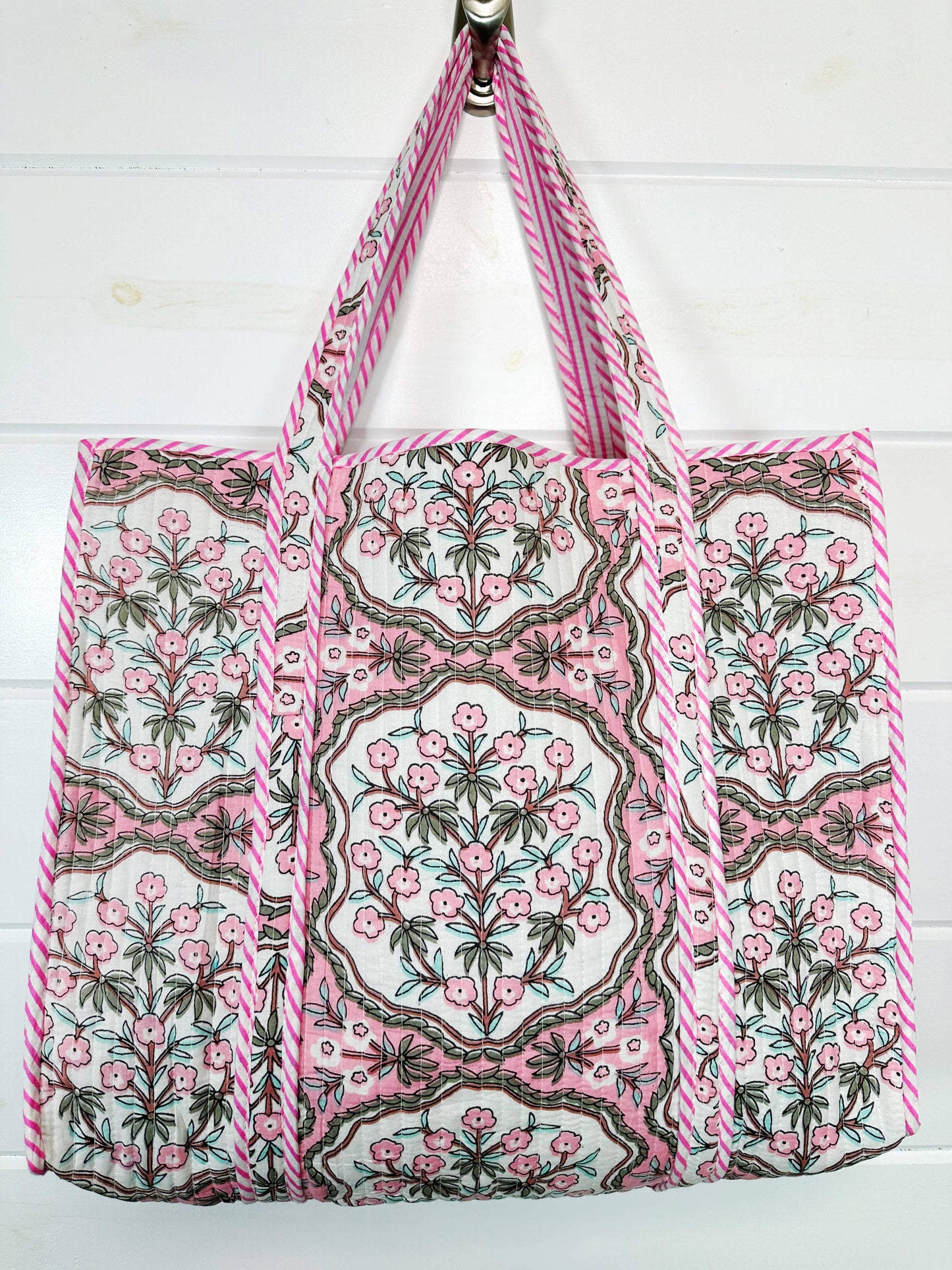 Quilted Tote Bag | Large Shoulder Bag | Pink Petals Print