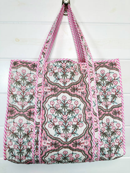 Quilted Tote Bag | Large Shoulder Bag | Pink Petals Print
