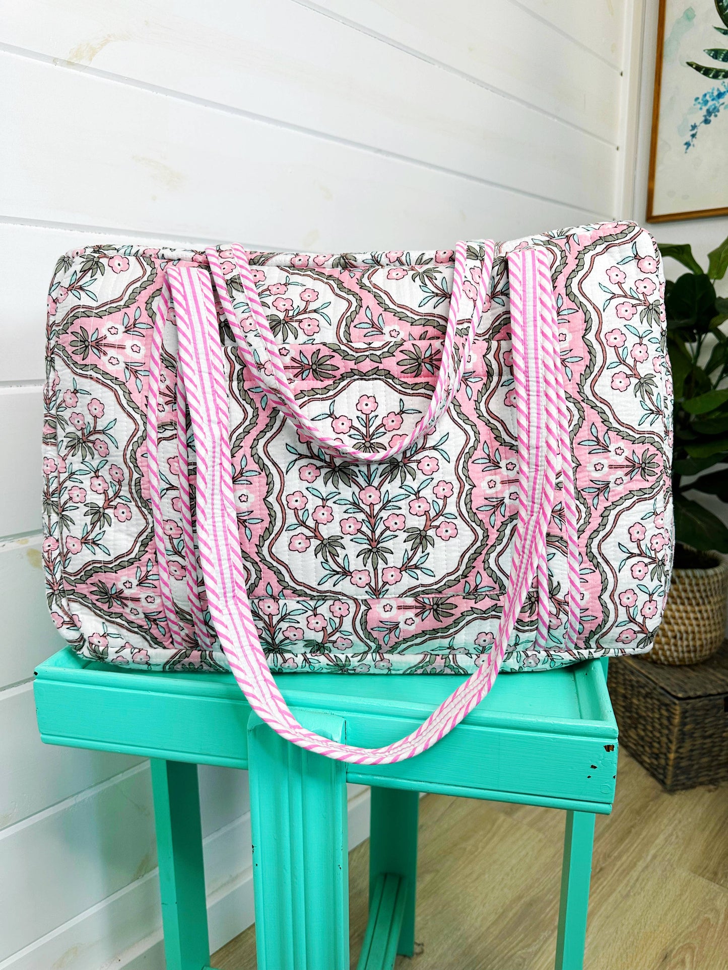 Handmade Quilted Duffle Bag – Pink Petals Print Weekender