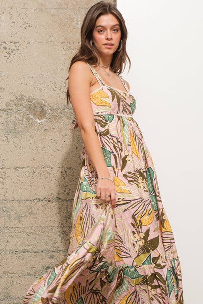 34963D - Embroidered Edge Tie Back Tropical Maxi Dress