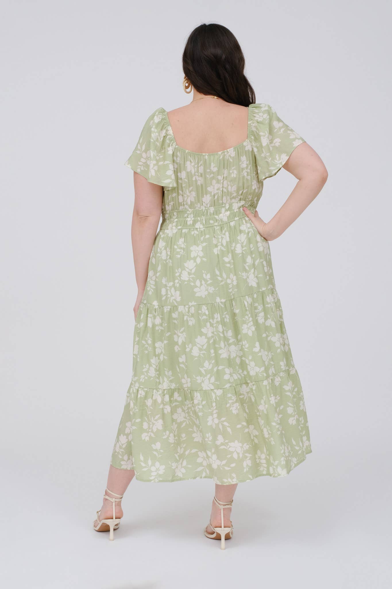 PLUS FLORAL SCOOP NECK FLOUNCE SLEEVE MIDI DRESS